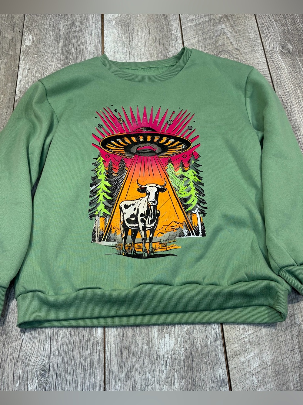 Funky cow being abducted by a ufo. Stylized women’s medium oversized sweater